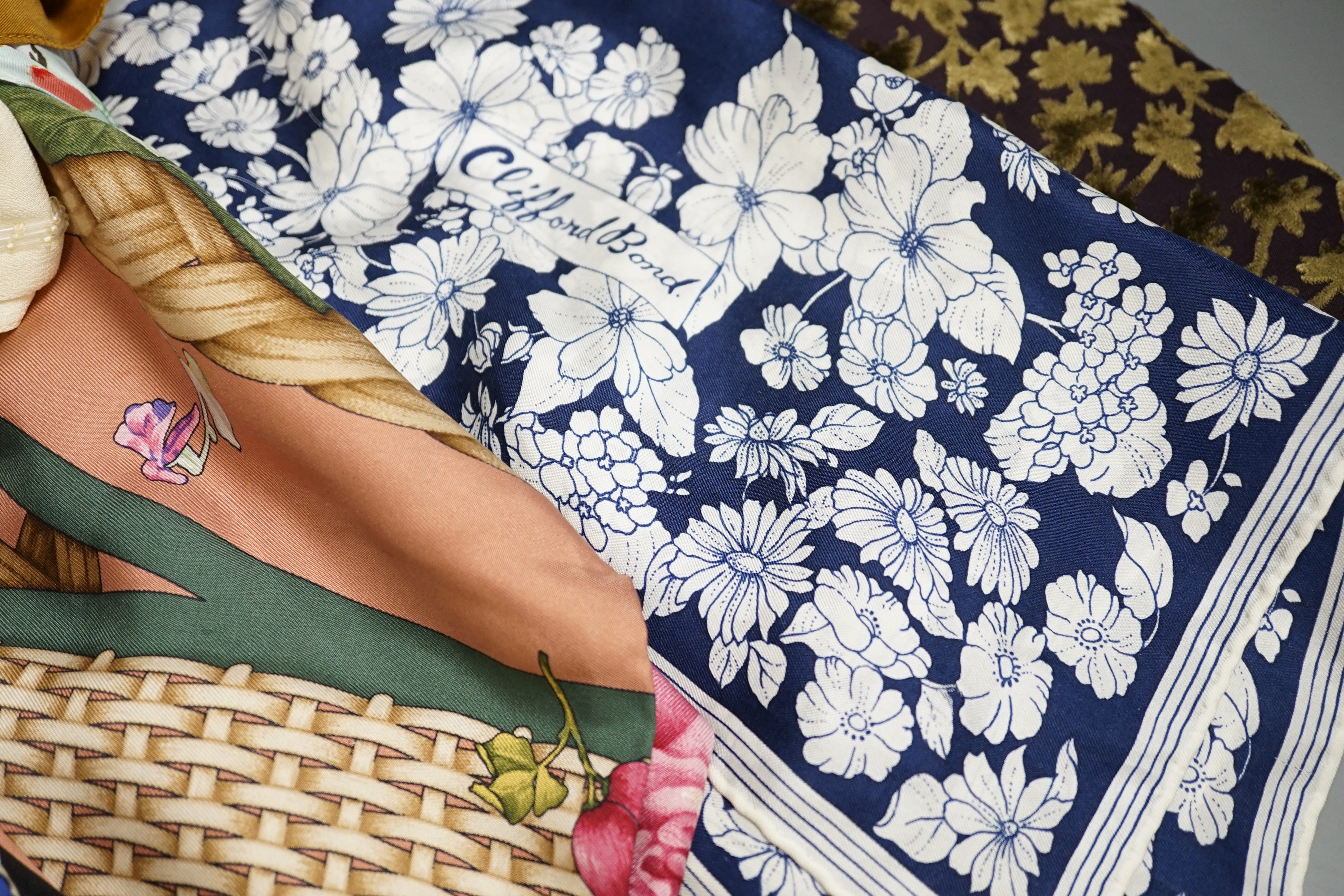 Eleven silk and other scarves